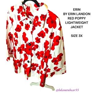 ERIN BY ERIN LANDON RED/WHITE POPPY BUTTON DOWN 3/4 SLEEVE JACKET-SZ 3X-EUC